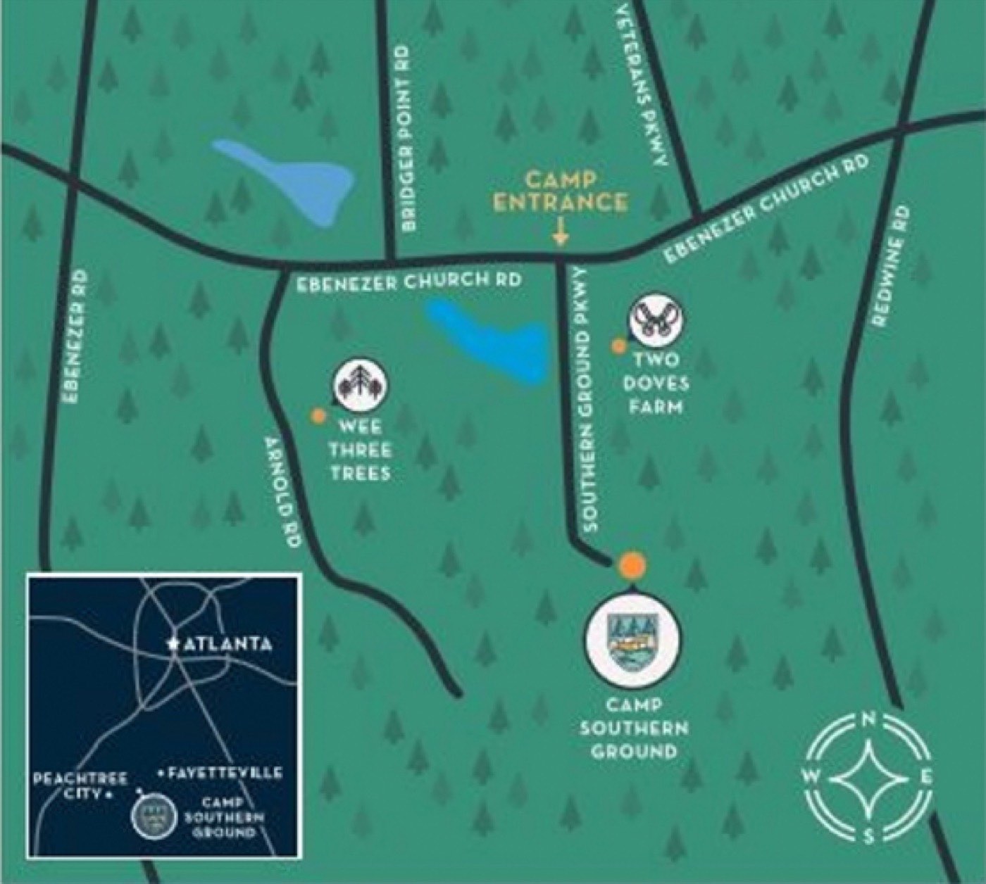Illustrated map showing Camp Southern Ground south of Atlanta near Fayetteville, Georgia